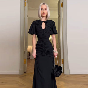 Summer new French temperament round neck short sleeve pleated waist slim long dress - Negative Apparel