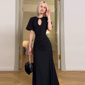 Summer new French temperament round neck short sleeve pleated waist slim long dress - Negative Apparel