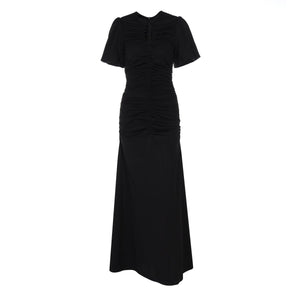 Summer new French temperament round neck short sleeve pleated waist slim long dress - Negative Apparel