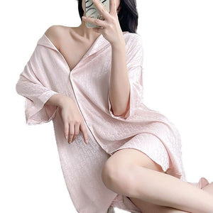 summer new ice and snow silk pajamas women's summer shirt skirt solid color love jacquard loungewear simple and casual - Negative Apparel