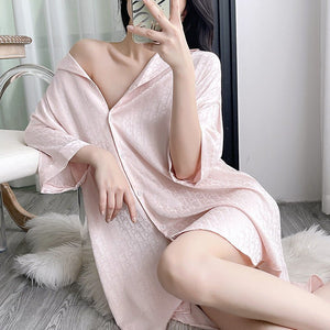 summer new ice and snow silk pajamas women's summer shirt skirt solid color love jacquard loungewear simple and casual - Negative Apparel