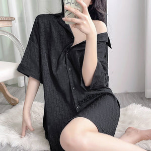 summer new ice and snow silk pajamas women's summer shirt skirt solid color love jacquard loungewear simple and casual - Negative Apparel