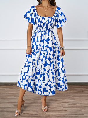 Summer new one - line collar printed puffy skirt bubble sleeve dress female - Negative Apparel