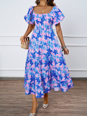 Summer new one - line collar printed puffy skirt bubble sleeve dress female - Negative Apparel