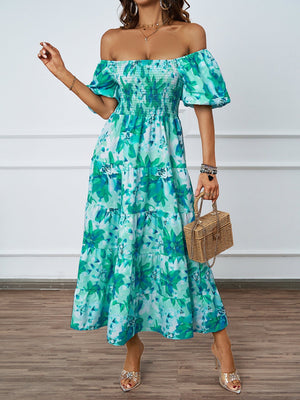 Summer new one - line collar printed puffy skirt bubble sleeve dress female - Negative Apparel