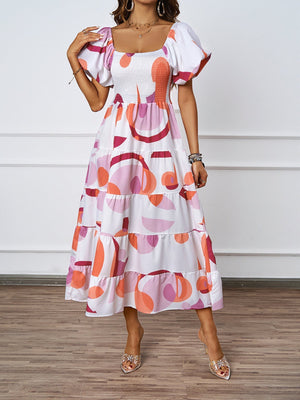 Summer new one - line collar printed puffy skirt bubble sleeve dress female - Negative Apparel