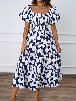 Summer new one - line collar printed puffy skirt bubble sleeve dress female - Negative Apparel