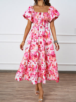 Summer new one - line collar printed puffy skirt bubble sleeve dress female - Negative Apparel