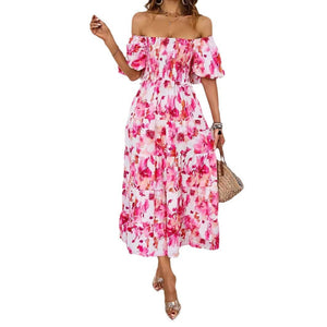 Summer new one - line collar printed puffy skirt bubble sleeve dress female - Negative Apparel