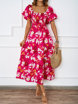 Summer new one - line collar printed puffy skirt bubble sleeve dress female - Negative Apparel