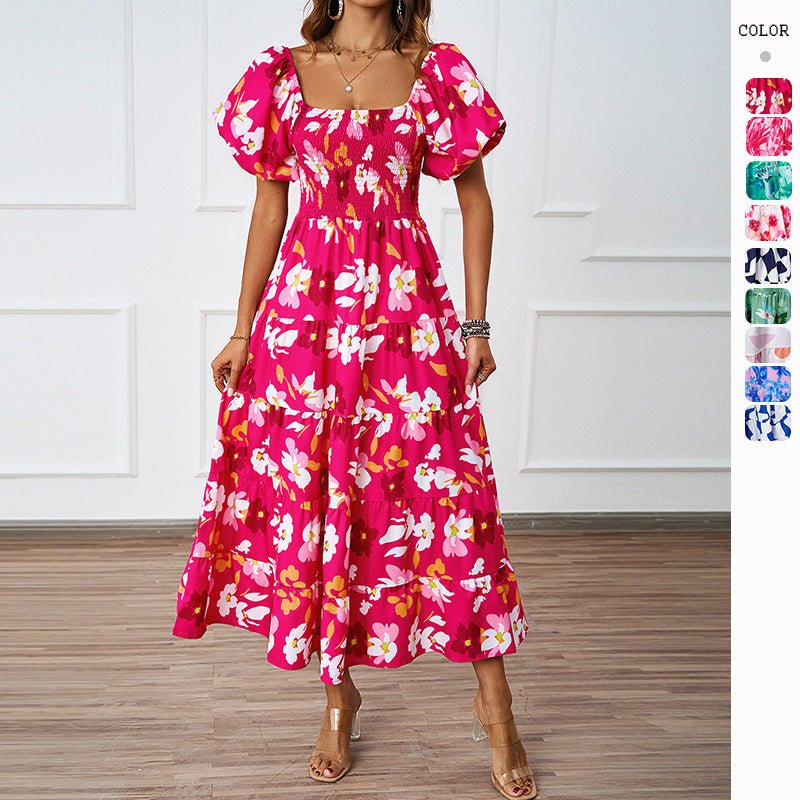 Summer new one - line collar printed puffy skirt bubble sleeve dress female - Negative Apparel