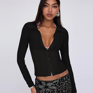 Summer new POLO collar cardigan buttoned mesh see - through waist slimming top - Negative Apparel