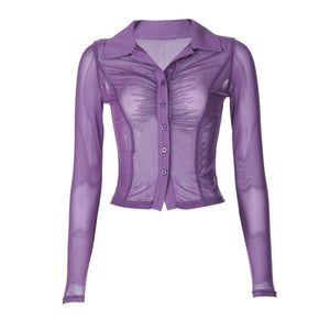 Summer new POLO collar cardigan buttoned mesh see - through waist slimming top - Negative Apparel