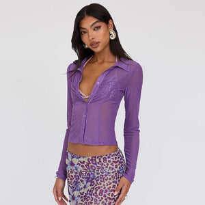 Summer new POLO collar cardigan buttoned mesh see - through waist slimming top - Negative Apparel
