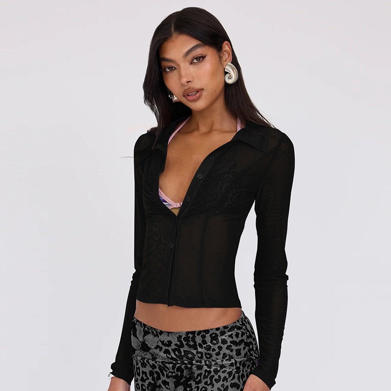 Summer new POLO collar cardigan buttoned mesh see - through waist slimming top - Negative Apparel