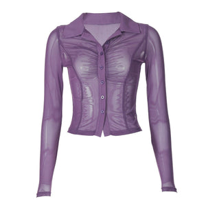 Summer new POLO collar cardigan buttoned mesh see - through waist slimming top - Negative Apparel