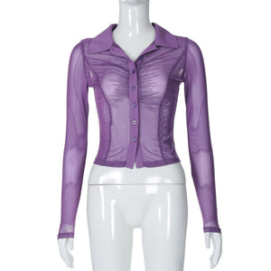 Summer new POLO collar cardigan buttoned mesh see - through waist slimming top - Negative Apparel