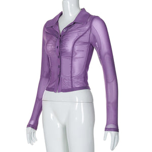 Summer new POLO collar cardigan buttoned mesh see - through waist slimming top - Negative Apparel