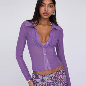 Summer new POLO collar cardigan buttoned mesh see - through waist slimming top - Negative Apparel