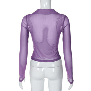 Summer new POLO collar cardigan buttoned mesh see - through waist slimming top - Negative Apparel