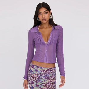 Summer new POLO collar cardigan buttoned mesh see - through waist slimming top - Negative Apparel