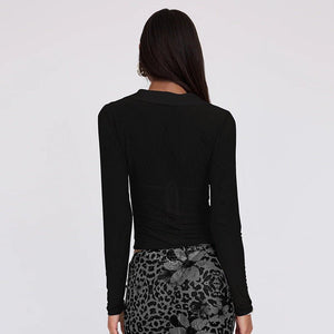 Summer new POLO collar cardigan buttoned mesh see - through waist slimming top - Negative Apparel