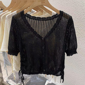 Summer new short - sleeved cardigan with thin knitted hollow blouse women's design short v - neck drawstring top - Negative Apparel