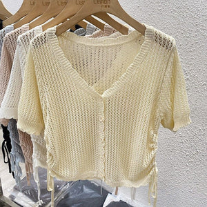 Summer new short - sleeved cardigan with thin knitted hollow blouse women's design short v - neck drawstring top - Negative Apparel