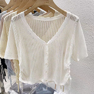 Summer new short - sleeved cardigan with thin knitted hollow blouse women's design short v - neck drawstring top - Negative Apparel