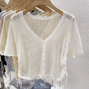 Summer new short - sleeved cardigan with thin knitted hollow blouse women's design short v - neck drawstring top - Negative Apparel