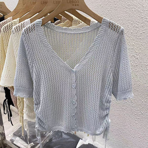 Summer new short - sleeved cardigan with thin knitted hollow blouse women's design short v - neck drawstring top - Negative Apparel