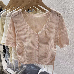 Summer new short - sleeved cardigan with thin knitted hollow blouse women's design short v - neck drawstring top - Negative Apparel