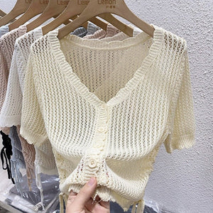 Summer new short - sleeved cardigan with thin knitted hollow blouse women's design short v - neck drawstring top - Negative Apparel