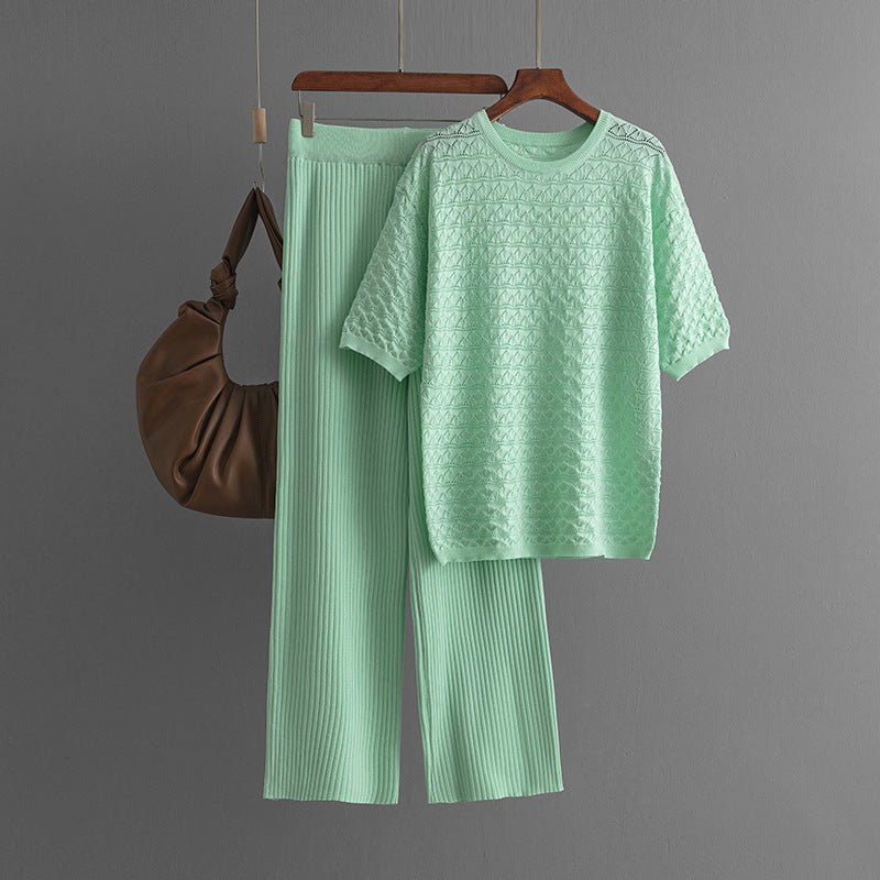 Summer new solid color hollow casual round neck fashion suit short sleeve trousers knitted two - piece set - Negative Apparel