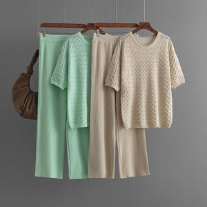 Summer new solid color hollow casual round neck fashion suit short sleeve trousers knitted two - piece set - Negative Apparel