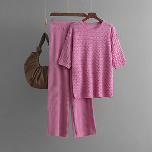 Summer new solid color hollow casual round neck fashion suit short sleeve trousers knitted two - piece set - Negative Apparel