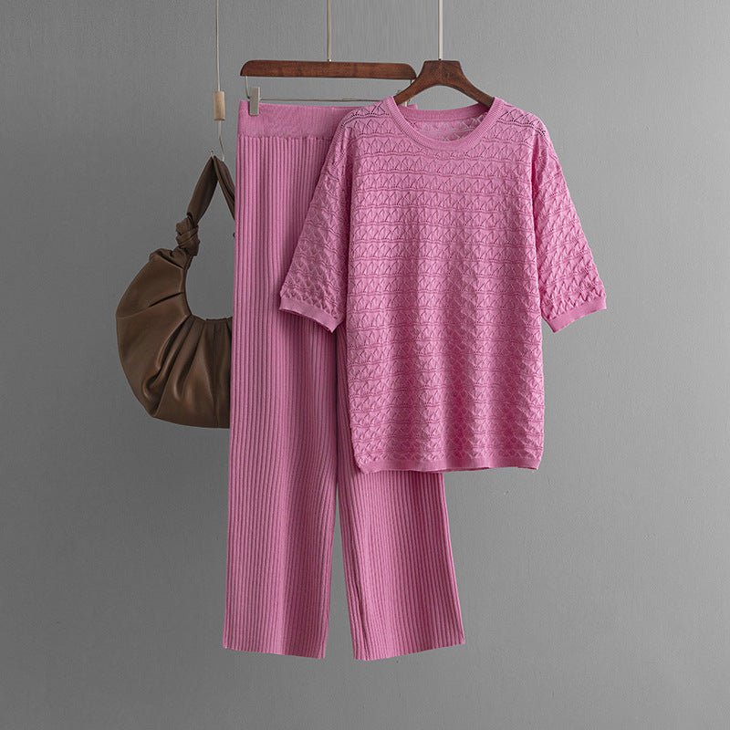 Summer new solid color hollow casual round neck fashion suit short sleeve trousers knitted two - piece set - Negative Apparel