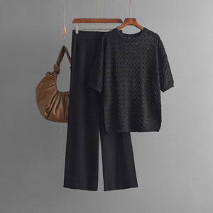 Summer new solid color hollow casual round neck fashion suit short sleeve trousers knitted two - piece set - Negative Apparel