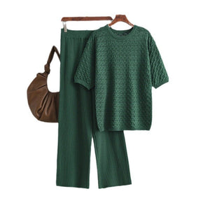 Summer new solid color hollow casual round neck fashion suit short sleeve trousers knitted two - piece set - Negative Apparel