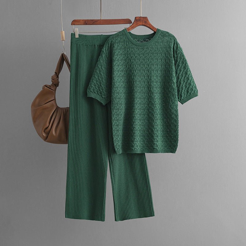 Summer new solid color hollow casual round neck fashion suit short sleeve trousers knitted two - piece set - Negative Apparel