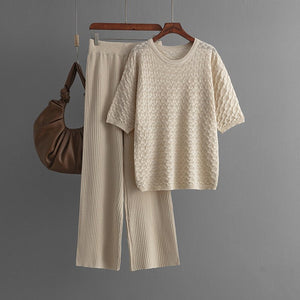 Summer new solid color hollow casual round neck fashion suit short sleeve trousers knitted two - piece set - Negative Apparel
