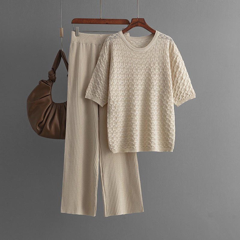 Summer new solid color hollow casual round neck fashion suit short sleeve trousers knitted two - piece set - Negative Apparel