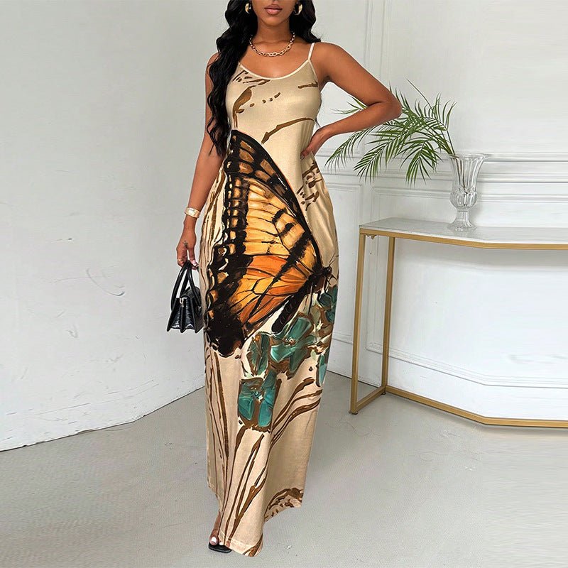 Summer new suspender skirt butterfly printing step dress - Negative Apparel