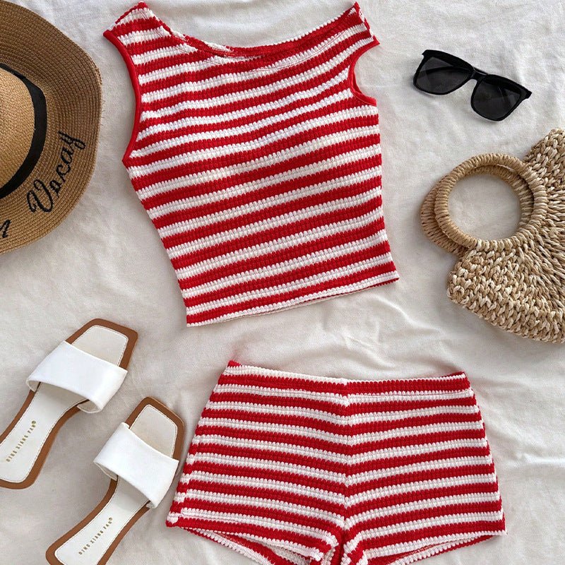 Summer new vacation style striped small vest hip short suit women - Negative Apparel