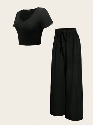 Summer Plain V - Neck T-Shirt And Wide - Leg Pants Two - Piece Set - Negative Apparel