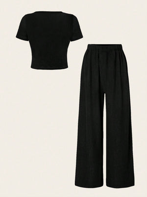 Summer Plain V - Neck T-Shirt And Wide - Leg Pants Two - Piece Set - Negative Apparel