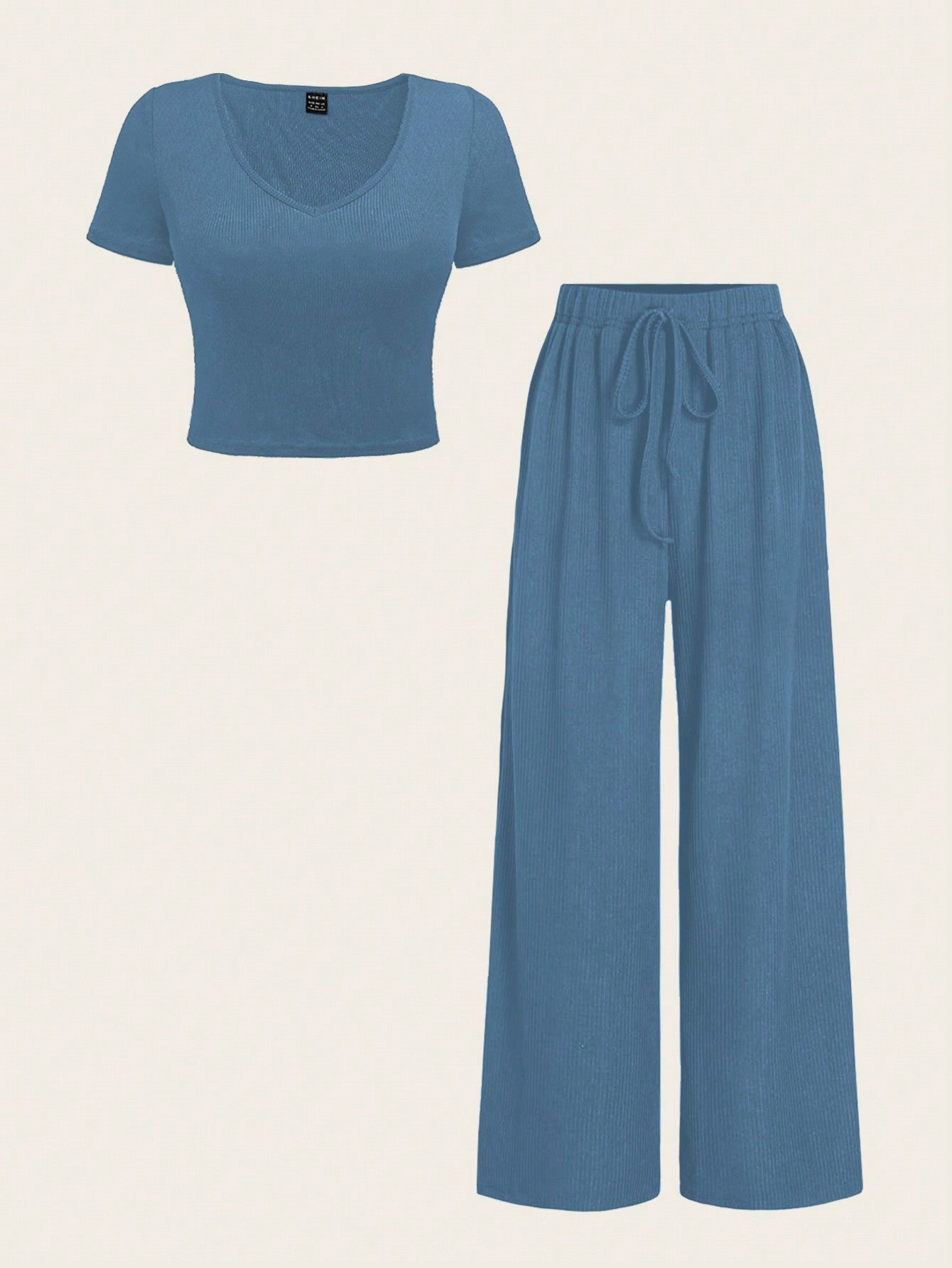 Summer Plain V - Neck T-Shirt And Wide - Leg Pants Two - Piece Set - Negative Apparel