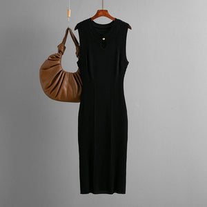 Summer round neck sleeveless ice silk knitted dress slim temperament solid color bottoming skirt medium and long - Negative Apparel