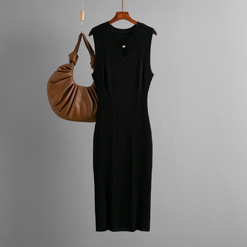 Summer round neck sleeveless ice silk knitted dress slim temperament solid color bottoming skirt medium and long - Negative Apparel