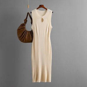 Summer round neck sleeveless ice silk knitted dress slim temperament solid color bottoming skirt medium and long - Negative Apparel
